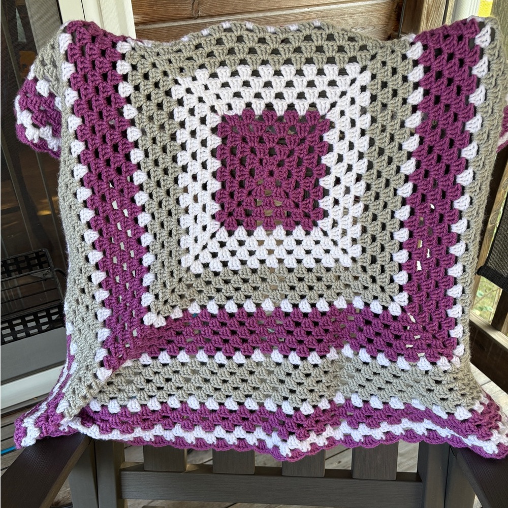 Handmade Crocheted Afghan Granny Square Baby Lap Blanket Purple Grey White